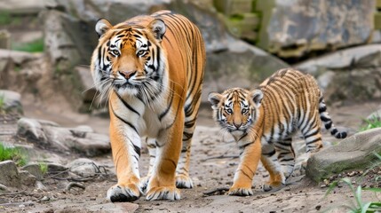 Obraz premium A large tiger and its cub walk together on a rocky path in the daylight