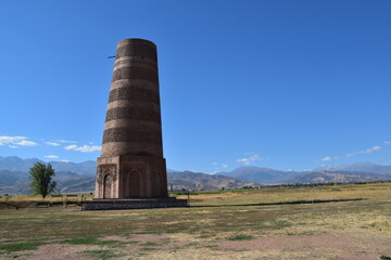 Ancient watch tower on the steppe of Kyrgyzstan in Central Asia