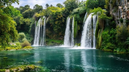 waterfall in dense green forest and beautiful views