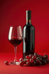 Obraz premium Bottle and glass of red wine on red background, wine tasting