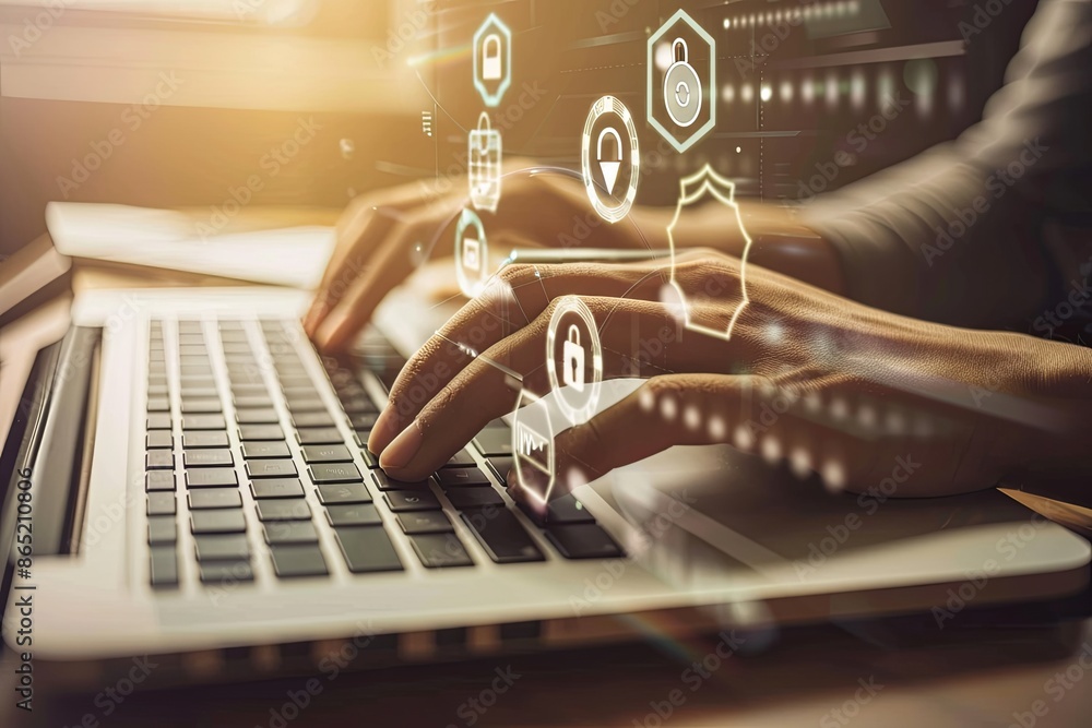 Poster cybersecurity concept. hands typing on laptop keyboard with digital security icons, representing dat