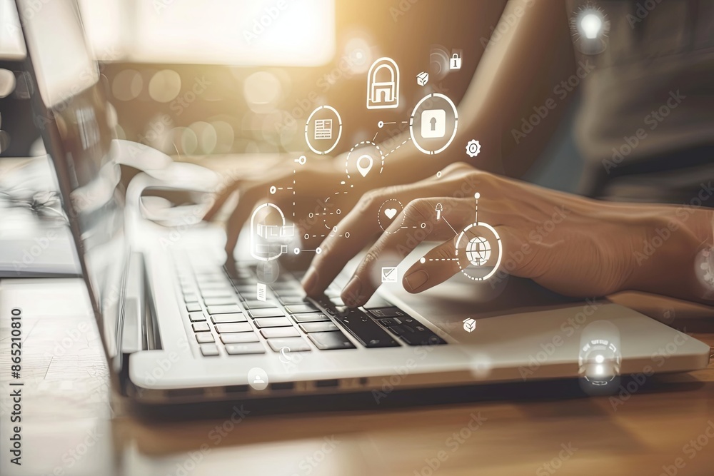 Poster cybersecurity concept. hands typing on laptop keyboard with digital padlock and shield icons. data p