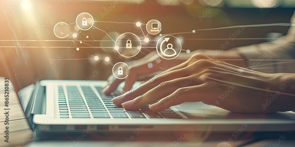 Poster cybersecurity concept. hands typing on laptop with digital security icons. data protection, privacy,