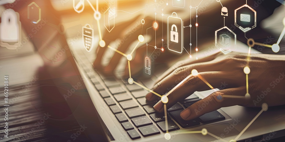 Poster closeup of person typing on laptop keyboard with digital cybersecurity icons overlay. concepts of da