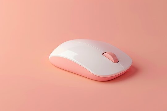 Pink and white wireless computer mouse on a pink background. Concept of technology, minimalism, and modern work or gaming setup.
