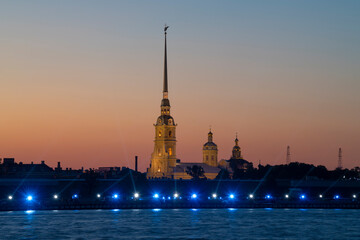 Obraz premium Peter and Paul Cathedral in the night illumination on a June night. St. Petersburg, Russia