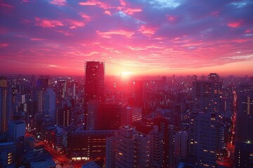 Fototapeta premium Stunning Sunset Over A Cityscape With Pink And Purple Skies