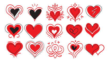 Collection of heart icon set , Hand-drawn hearts.Vector symbol icon set. black and red .illustration design.