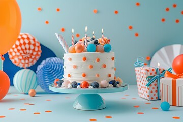 Delicious Birthday Cake with Lit Candles, Balloons, and Presents on a Blue Background.  Festive Celebration Concept