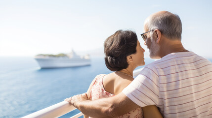 Fototapeta premium Mature multiracial couple on cruise ship enjoying the ocean view, copy space