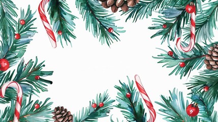 festive frame christmas fir branches with candy canes charming watercolor illustration for holiday greetings and designs