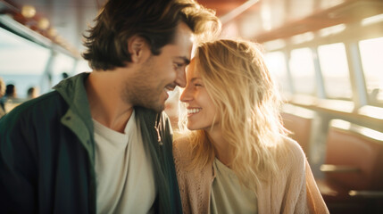 Naklejka premium Couple smiling on cruise ship deck with ocean view in background