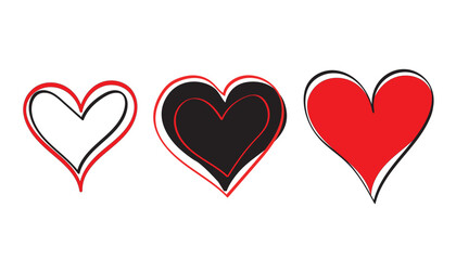 Collection of heart icon set , Hand-drawn hearts.Vector symbol icon set. black and red .illustration design.