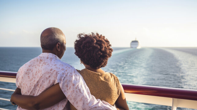 Mature african american couple on cruise ship enjoying the ocean view, copy space - Powered by Adobe