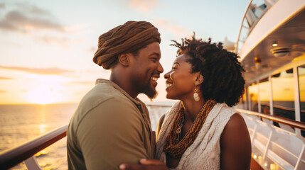 Smiling african american couple on cruise ship enjoying the ocean view, copy space