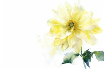 Artistic watercolor depiction of a yellow marigold, set against a simple white background with generous copyspace,