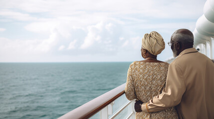 Mature african american couple on cruise ship enjoying the ocean view, copy space