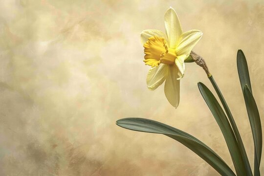 Beautiful watercolor depiction of a yellow daffodil with green leaves, set against a plain background with generous copyspace,