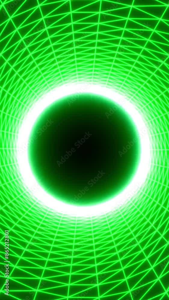 Poster flying inside neon striped circular tunnel with a dark pulsating sphere in the end. motion. endless 