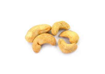 Unshelled roasted cashew nuts isolated on white background
