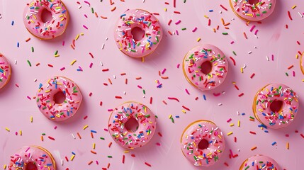 Pink frosted donuts with colorful sprinkles on a pink background. Flat lay food photography with delicious sugary treats and desserts