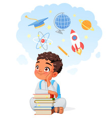 Little Arab boy dreaming of a career in science. Cartoon vector illustration.