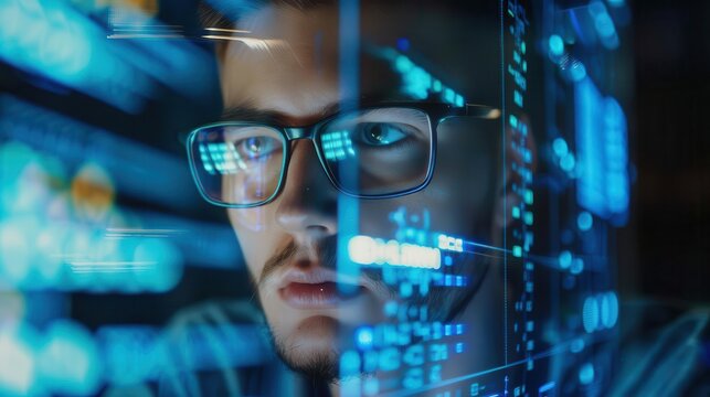 focused male programmer debugging complex code futuristic technology concept