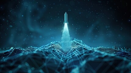 Futuristic rocket launch on a blue digital landscape.