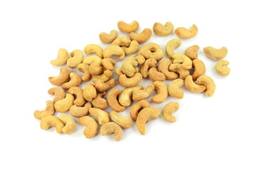 Unshelled roasted cashew nuts isolated on white background