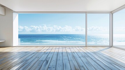empty room with sea view and wooden floor, 3d rendering.