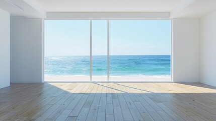 empty room with sea view and wooden floor, 3d rendering.