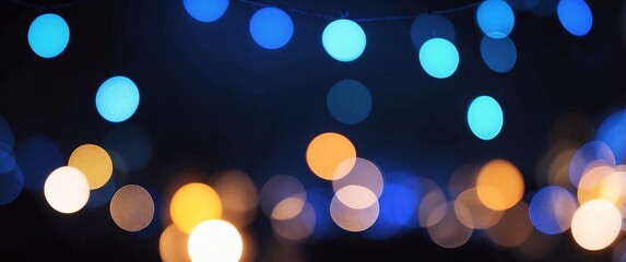 Bright, colorful bokeh lights in blue and yellow create a festive, cheerful atmosphere, ideal for holiday celebrations and joyful events