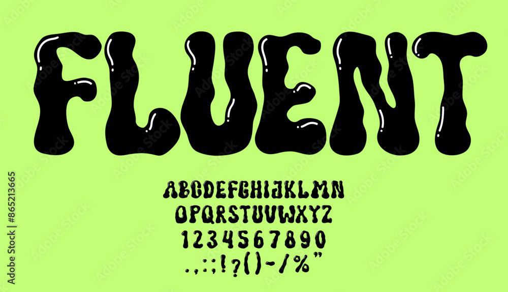 Poster Psychedelic y2k font, liquid groovy type, hippie bubble typeface, english alphabet vector typography set. Aesthetic abstract blob abc letters and numbers psychedelic trippy font, Y2k bubble type