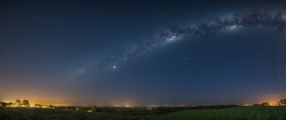 Panoramic nightscape of the countryside with a luminous Milky Way arching over the horizon, perfect for stargazing concepts and astrophotography