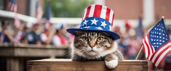 A cat wearing an American flag themed hat sits on a wooden table amidst a patriotic celebration, perfect for Independence Day or Memorial Day events