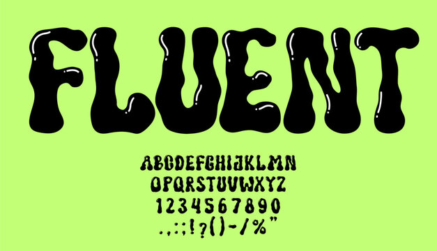 Psychedelic y2k font, liquid groovy type, hippie bubble typeface, english alphabet vector typography set. Aesthetic abstract blob abc letters and numbers psychedelic trippy font, Y2k bubble type