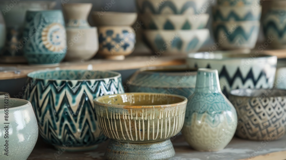 Poster geometric patterns in pottery and ceramics add texture and visual interest, elevating everyday objec