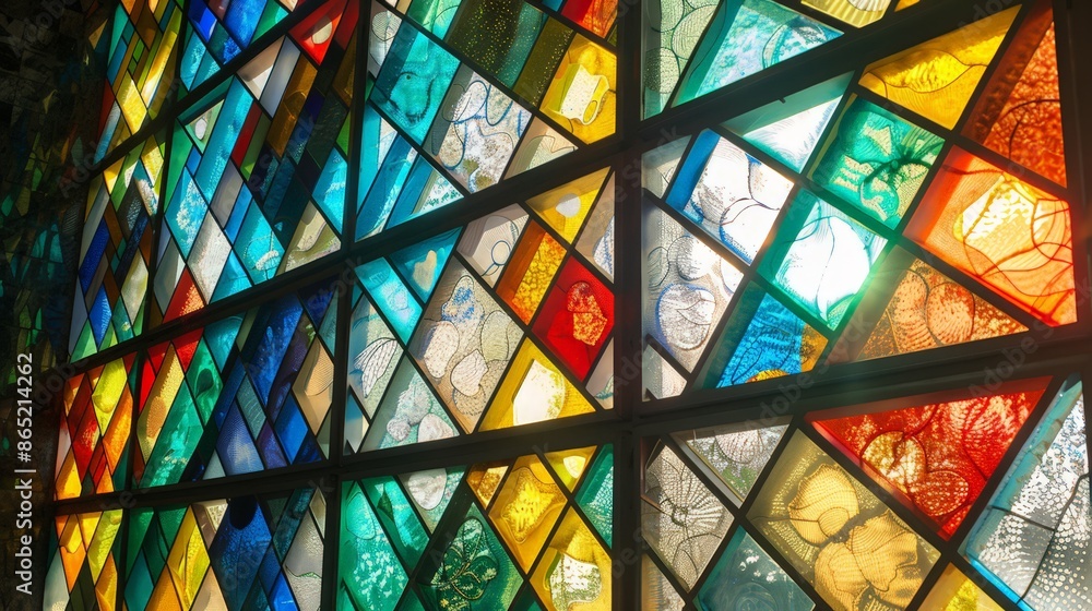 Poster geometric patterns in stained glass windows create stunning visual effects as light interacts with c