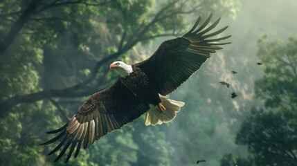 Obraz premium Bald Eagle Soaring Through a Misty Forest