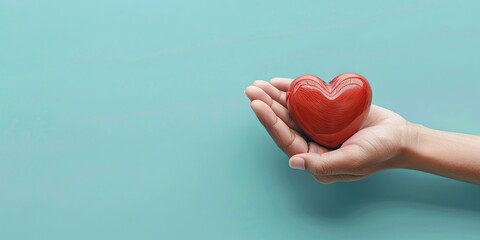 Fototapeta premium Hand holding red heart against turquoise background. love, health, and charity concept.