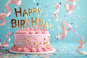 Happy Birthday! Pink frosted cake with lit candles and falling confetti on a blue background. Perfect for birthday celebration, party, and greeting card designs.
