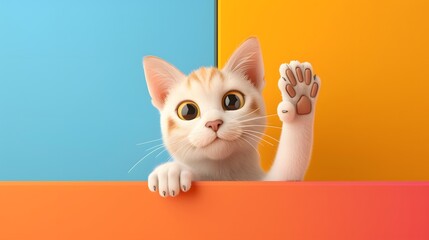 A cat cartoon pet kitten cute animal character peeking over a sign and waving. 