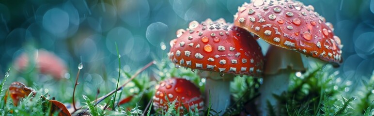 Red mushrooms with white spots in forest