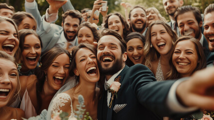 Joyful Wedding Party Taking Group Selfie