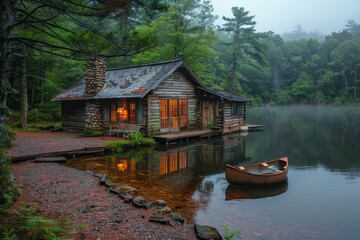 Obraz premium A rustic cabin by a lake, with a small pier, a canoe, and pine trees surrounding the area. 