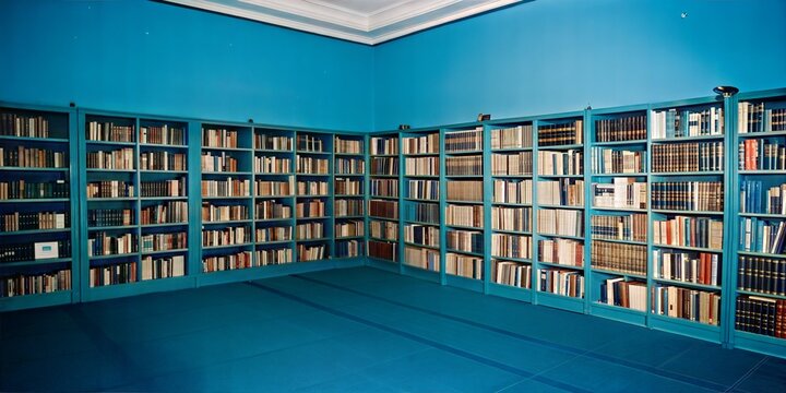 Modern blue library with extensive book collection