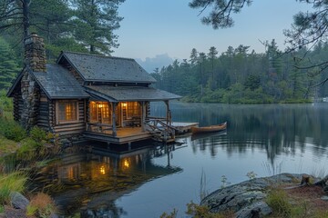 Obraz premium A rustic cabin by a lake, with a small pier, a canoe, and pine trees surrounding the area. 