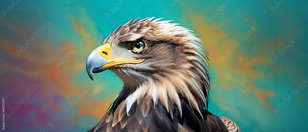 Wall mural eagle on turquoise background wearing colourful