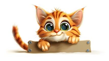 A cat cartoon pet kitten cute animal character peeking over a sign and waving. 