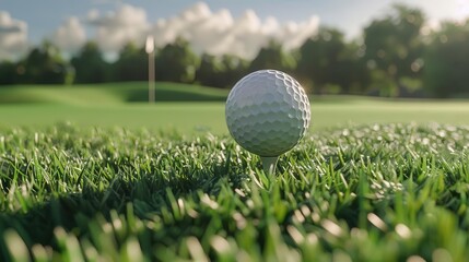 golf ball on tee ready for swing closeup view on green grass sport and leisure concept 3d render illustration